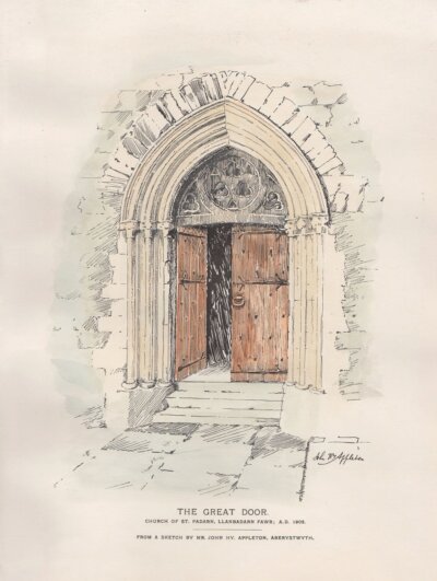 The Great Door.  Church of St. Padarn, Llanbadarn Fawr.  A.D. 1902.  (antique print)