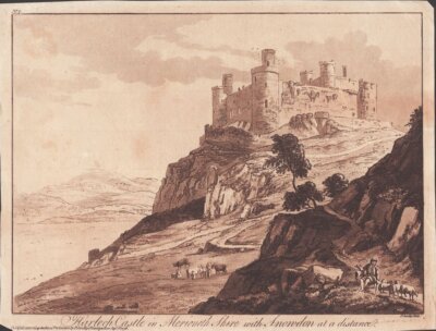 Harlech Castle in Merioneth Shire with Snowdon at a distance.  (antique print)