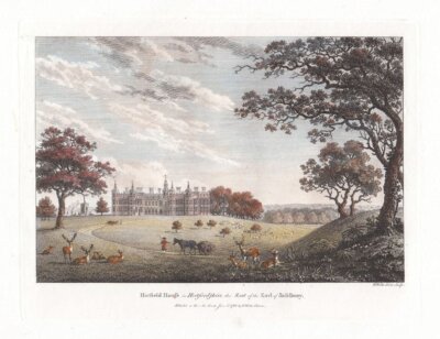 Hatfield House in Hwertfordshire, the Seat of the Earl of Salisbury.  (antique print)
