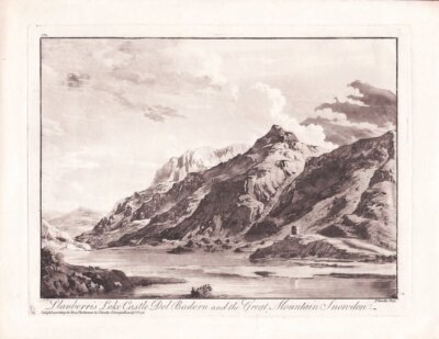 Llanberris Lake, Castle Dol Badern and Great Mountain Snowdon. (antique print)