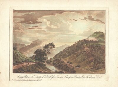 Llangollen in the County, from The Turnpike Road abobe the River Dee.   (antique print)