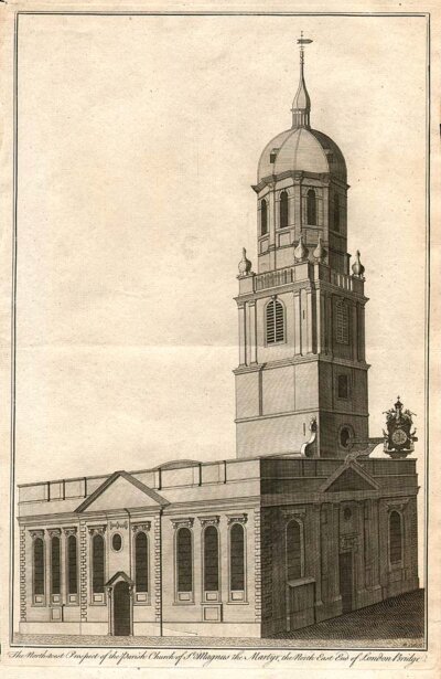 The North West Prospect of the Parish Church of St Magnus the Martyr the North East End of London Bridge  (antique print)