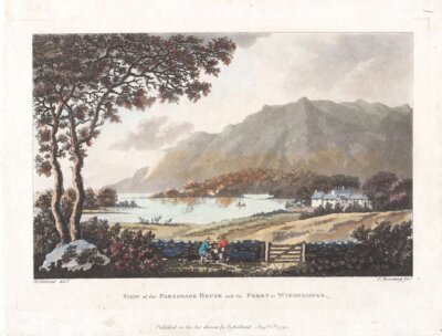 View of the Parsonage House and the Ferry at Windermere.  (antique print)