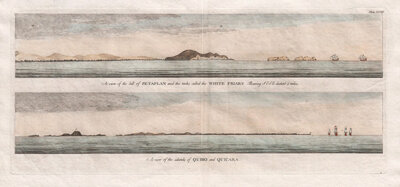 A view of the hill of Petaplan and the rocked called the White Friars: Bearing SE&E distant 5 miles  -   A view of the islands of Quibo and Quicara 