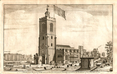 A South West Prospect of St Dunstan's Church at Stepney humbly inscribed to the Gentlemen of the Vestry in 1755