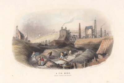 A Tin Mine, between Cambourne and Redruth.  (antique print)