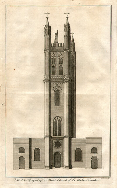 The West Prospect of the Parish Church of St Michael Cornhill  (antique print)