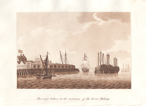 Sheerness battery at the entrance of the River Medway.  (antique print)