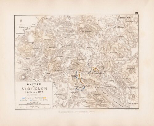 Battle of Stockach 25 March, 1799.  (antique battle plan)