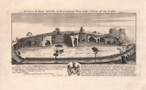 A Street, or Row of Cells in Nottingham Park, with a View of the Castle.