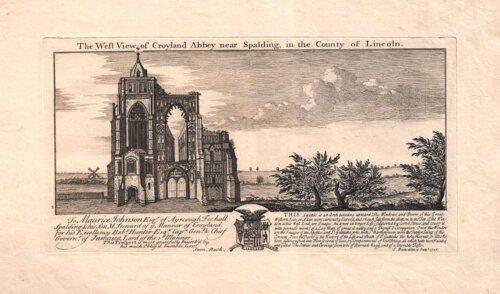 The West View of Croyland Abbey near Spalding. in the County of Lincoln.
