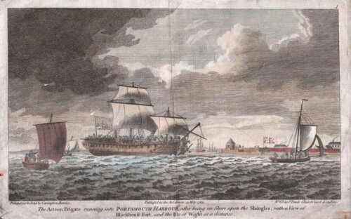 The Acteon Frigate running into Portsmouth Harbour, after being on shore upon the Shingles;