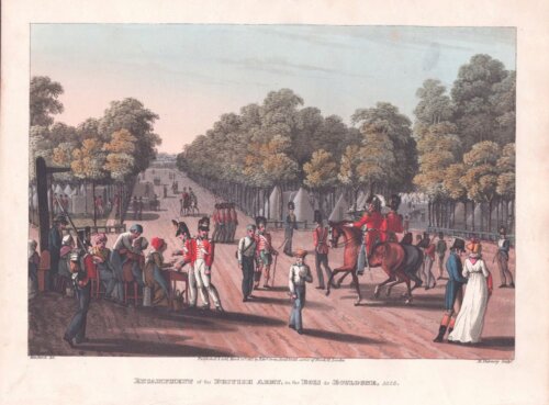 Encampment of the British Army, in the Bois de Boulone, 1815. (antique print)
