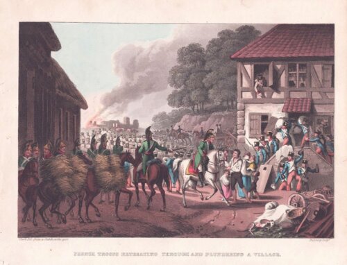 French Troops retreating through and plundering a village.