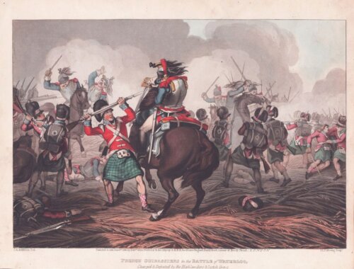 French Cuirassiers in the Battle of Waterloo....  (antique print)