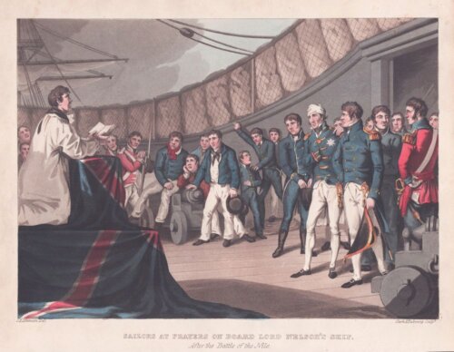 Sailors at Prayers on Board Lord Nelson's ship After the Battle of the Nile. (antique print)