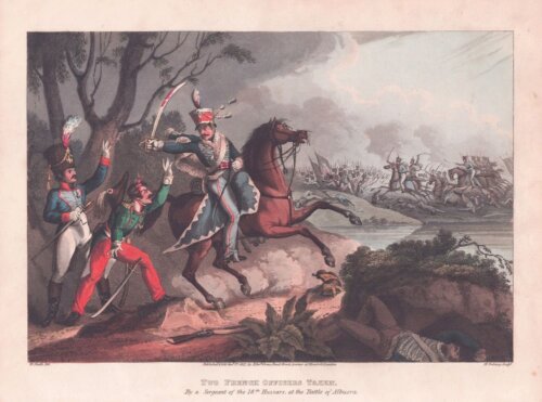 Two French Officers Taken by a Sergeant of the 18th Hussars at the Battle of Albuera. (antique print)