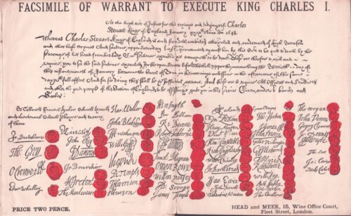 Facsimilie of Warrant to Execute King Charles I.  (antique print)