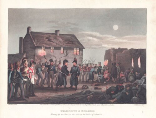 Wellington & Blucher meeting by accident at the close of the Battle of Waterloo.  (antique print)