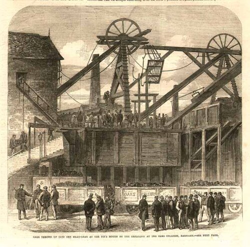 Cage thrown up into the head-gear at the pit's mouth by the explosion at the Oaks Colliery Barnsley