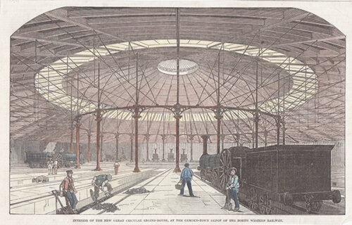 Interior of the New Great Circular Engine-House at the Camden-Town Depot of the North Western Railway 