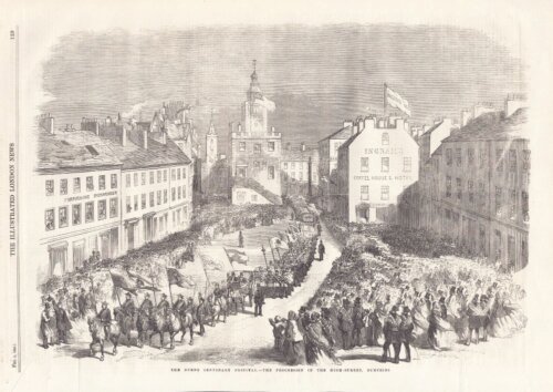 The Burns Centenary Festival - The Procession in the High Street, Dumfries.  (antique print)