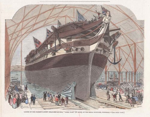 Launch of Her Majesty's Screw-Steam-Ship-Of-War James Watt 90 Guns at Royal Dockyard Pembroke