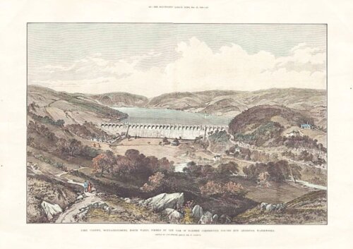 Lake Vyrnwy, Montgomeryshire, North Wales, formed by the Dam of Masonry constructed for the New Liverpool Waterworks.  (antique print)