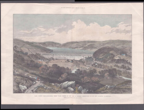 Lake Vyrnwy, Montgomeryshire, North Wales, formed by the Dam of Masonry constructed for the New Liverpool Waterworks.  (antique print)