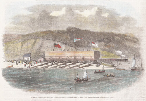 Launch of Pontoon for the Great Eastern steam - ship at Neyland Milford Haven