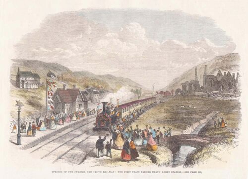 Opening of the Swansea and Neath Railway : The First Train passing Neath Abbey Station.