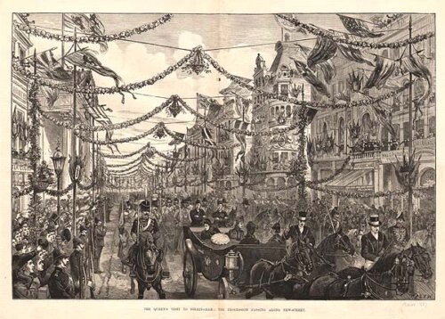 The Queen's visit to Birmingham :  The Procession passing along New Street