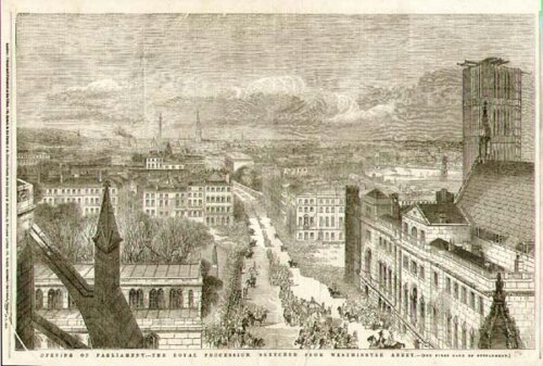 Opening of Parliament - The Royal Procession sketched from Westminster Abbey