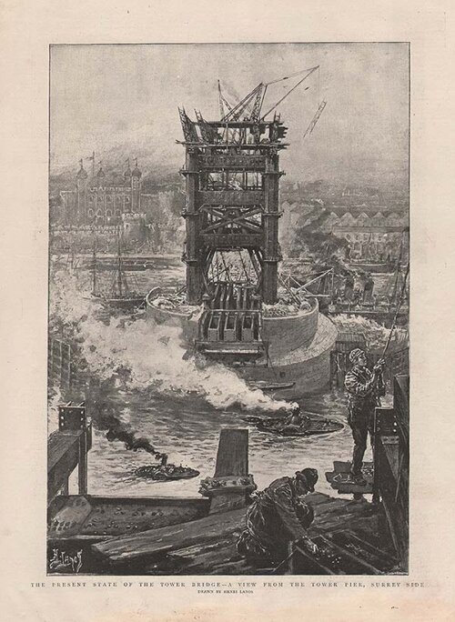 The Present state of the Tower Bridge  -  A view from the Tower Pier Surrey side