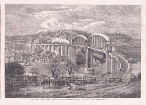 The Royal Albert Viaduct at Saltash.  (antique print)