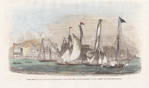Cowes Harbour and Club House of the Royal Yacht Squadron  -  Yachts starting for the Queen's Cup