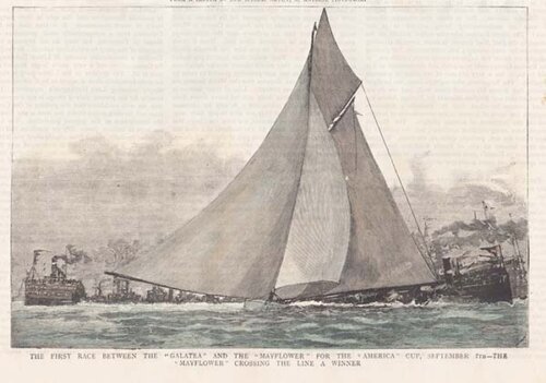 The First Race between the Galatea and the Mayflower for the America Cup September 7th - The Mayflower crossing the line a winner 