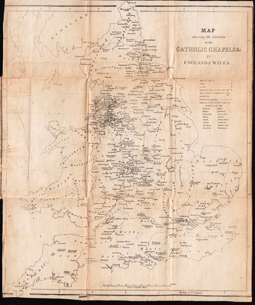 Map showing the situation of the Catholic Chapels &c in England & Wales