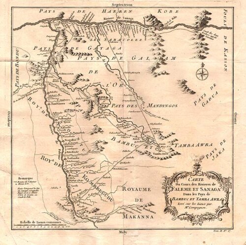 Carte du Cours des Rivieres de Faleme et Sanaga Dans les Pays de Bambuk et Tamba Awra  Leve sur les Lieux par Mr Compagnon