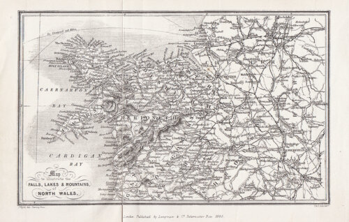 Map to illustrate the Falls Lakes & Mountains of North Wales