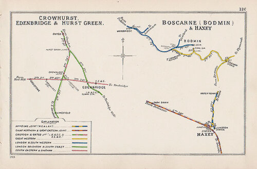 Pre Grouping railway junction around Crowhurst Edenbridge & Hurst Green and Boscarne Bodmin & Haxey