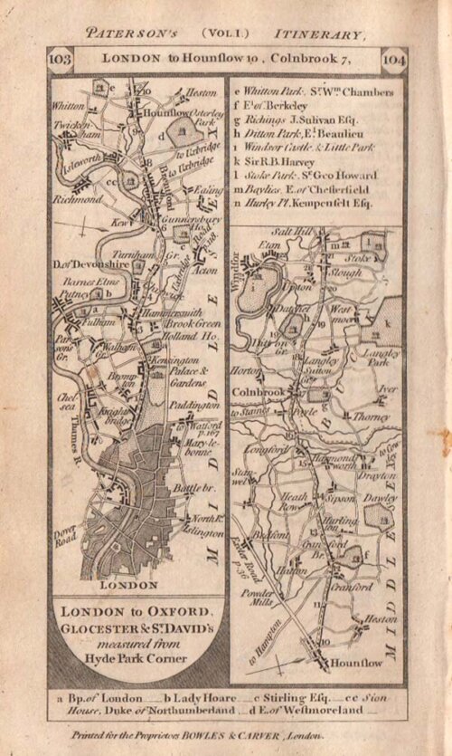 Road from London to Oxford Glocester & St David's measured from Hyde Park Corner