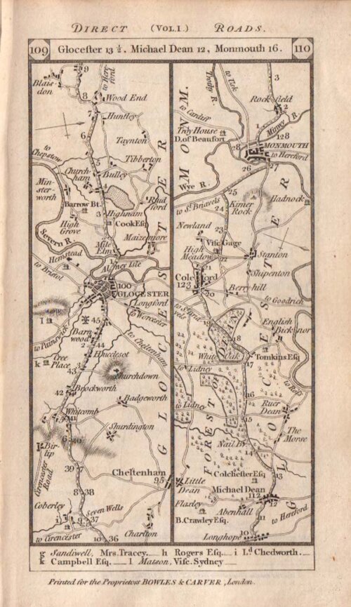 The Road from Glocester to Michael Dean to Monmouth and continuing on the verso to Abergavenny Crickhowell  and Brecon 