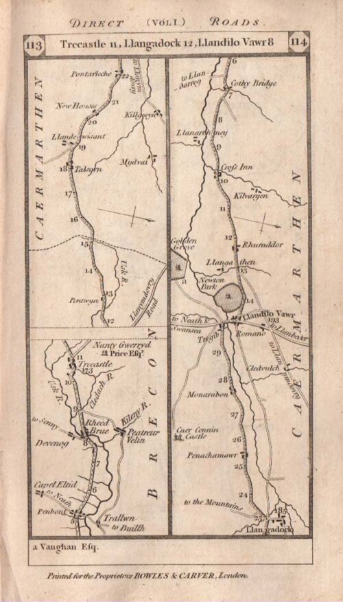 Road from from Trecastle to Llangadock to Llandilo Vawr and continuing on the verso to Carmarthen St Clear Narberth and Wiston  