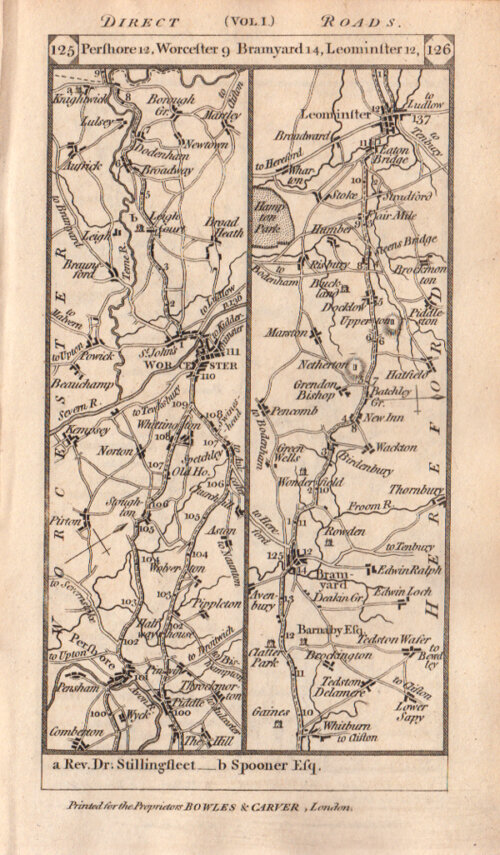 Road from Pershore to Worcester to Bramyard to Leominster continuing to Pembridge and Presteign on the verso