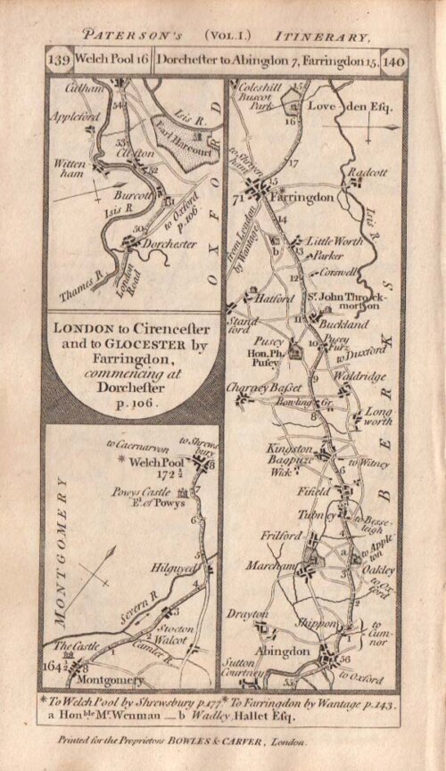Road from London to Cirencester and to Glocester by Farringdon commencing at Dorchester   On the verso is the road from Tenbury to Ludlow to Bishops Castle 