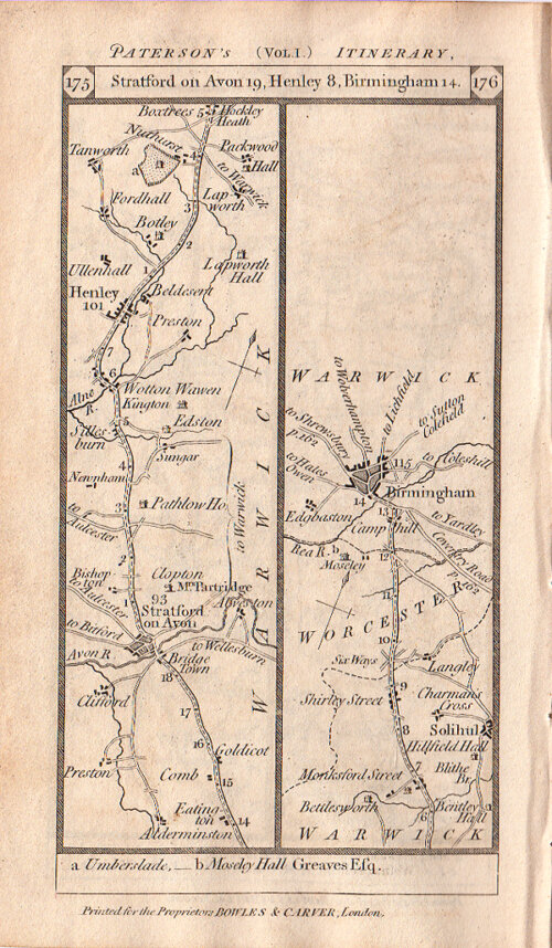 The Road from Stratford on Avon to Henley to Birmingham and on the verso the road from Buckingham to Banbury