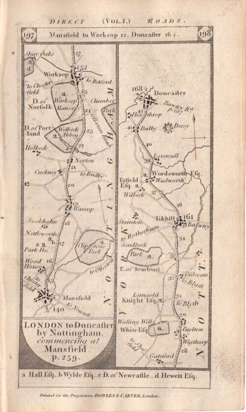 The Road from Mansfield to Worksop to Doncaster   On the verso is the Road to Edinburgh via Barnet Hatfield Stevenage and Hitchin 