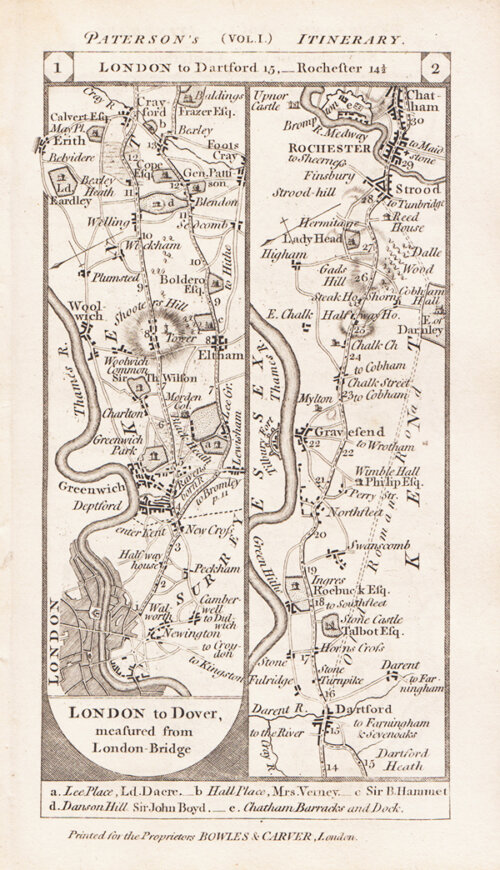 Road from London to Dover via Dartford and Rochester continuing on verso to Sittingbourne and to Canterbury