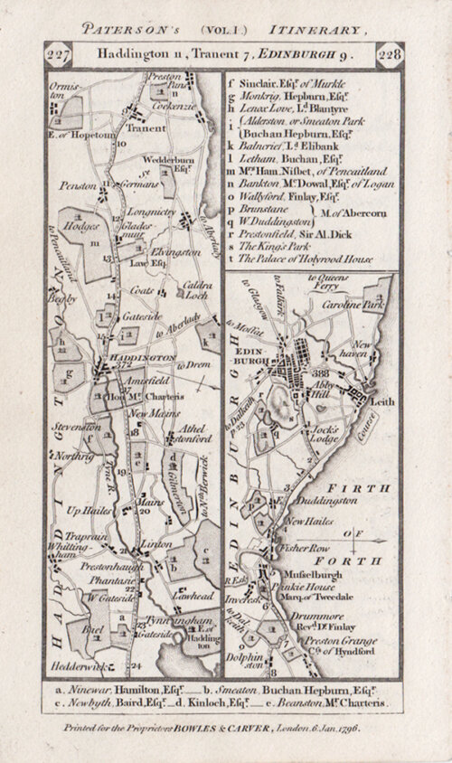 The Road from Haddington to Tranent to Edinburgh and on the verso the road from Berwick to Press Inn to Dunbar